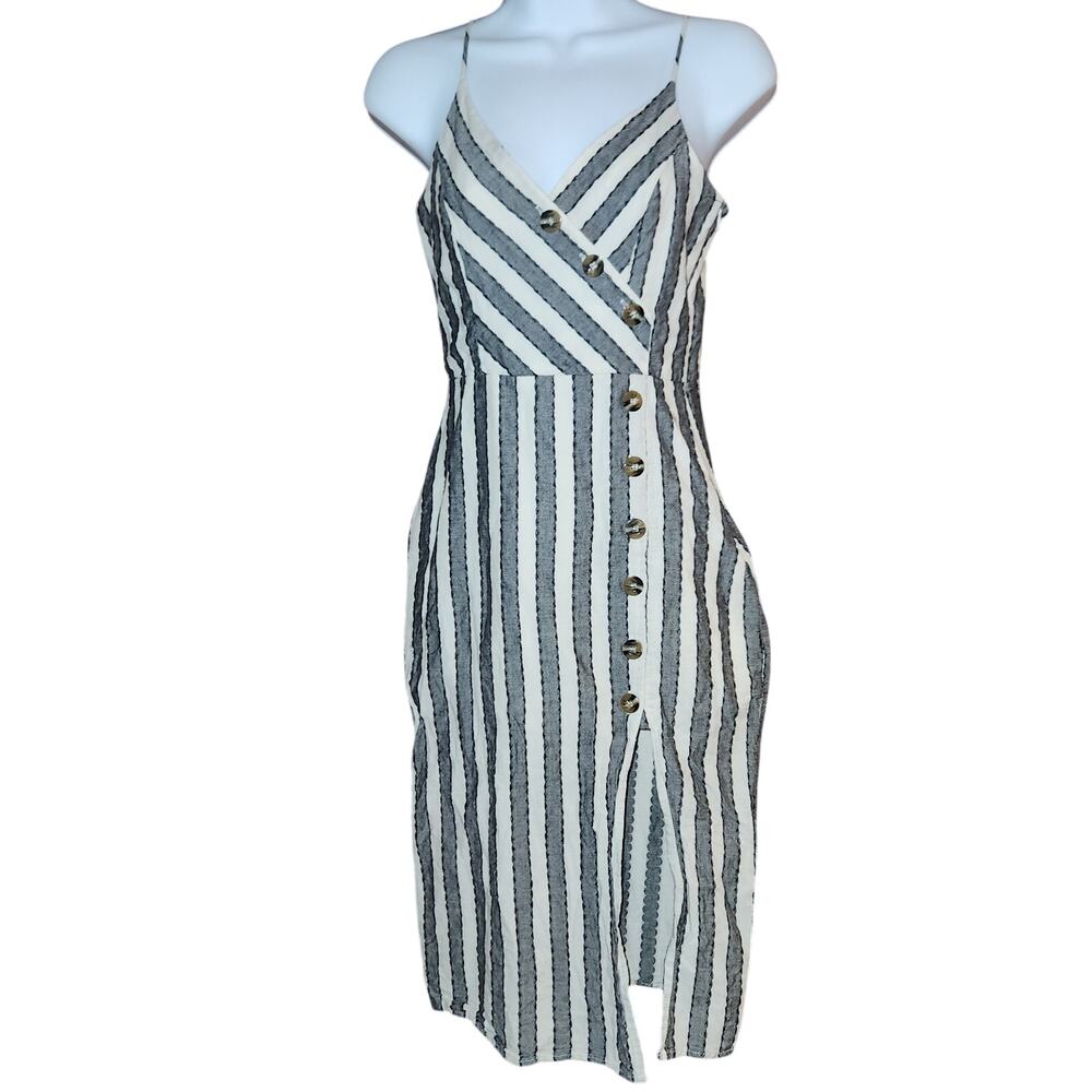 Harper Heritage Charcoal And Ivory Striped Spaghetti Strap Button Up Dress Sz XS